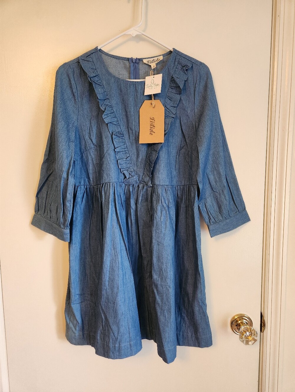 Listicle Women’s Size S Blue Denim Ruffle Short Dress Round Neck 3/4 Zip NWT
